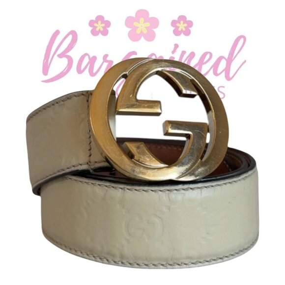 Authentic Gucci Cream Guccissima Leather Gold Interlocking G Buckle Belt 80/32 - Picture 1 of 12